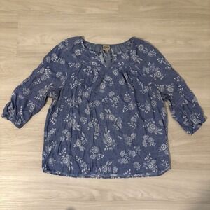 COMO Vintage Blouse Women Blue Floral Print Embroidered V Neck 3/4 Sleeve Top 2X